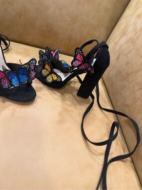 Black Butterfly Embellished Block lace up Heels